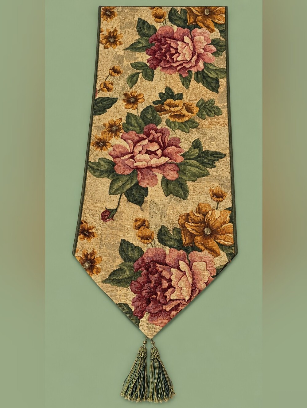 Floral Tapestry Table Runner 40" Rose Shabby Chic Cottagecore Tassels